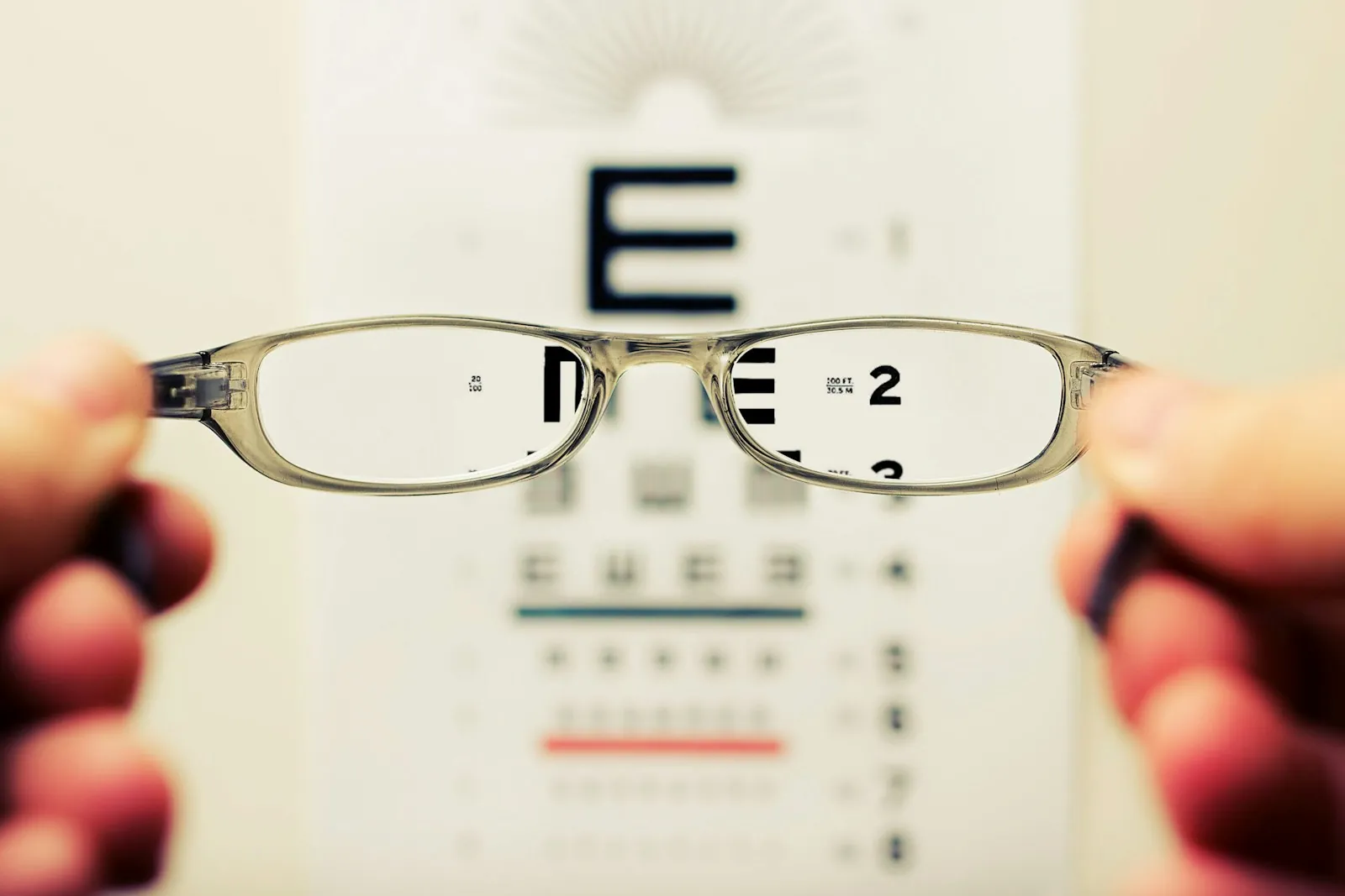 Optician holding a pair of eyeglasses up to the light